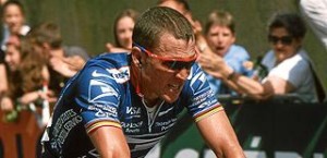 Lance Armstrong on bicylce, blue jersey